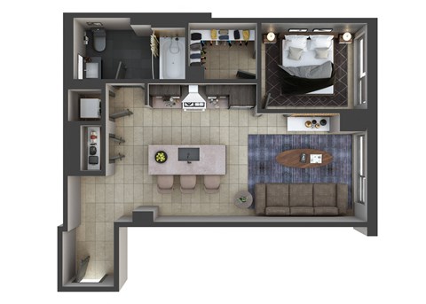 Floor plan for 1 bed, 1 bath, 625 sqft